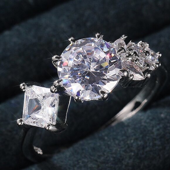 CZ Square Leaf 925 Silver Plated Wedding/Engagement Ring for Women, K940